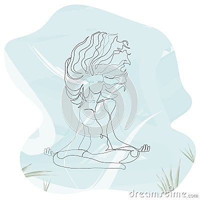 Woman with windy hair doing yoga lotus exercise continuous one line. Vector underwater illustration minimalism style Vector Illustration