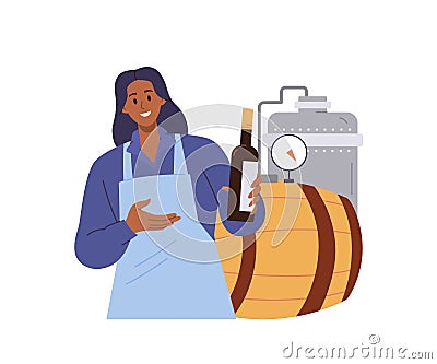 Woman wine maker presenting new bouquet of grapes alcoholic drink after bottling and aging Vector Illustration