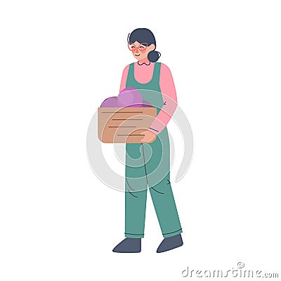 Woman Winemaker Carrying Wooden Box with Freshly Picked Up Wine Grapes Cartoon Style Vector Illustration Stock Photo