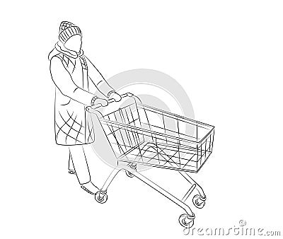 Woman in winter clothes and with shopping cart. Visiting grocery store to purchase gifts, food and drinks. Sketch Vector Illustration