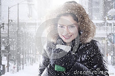 Woman with winter coat enjoy coffee Stock Photo