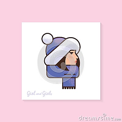 Woman in a winter hat and scarf. High quality color vector illustration of a woman in profile with laterings. Vector Illustration