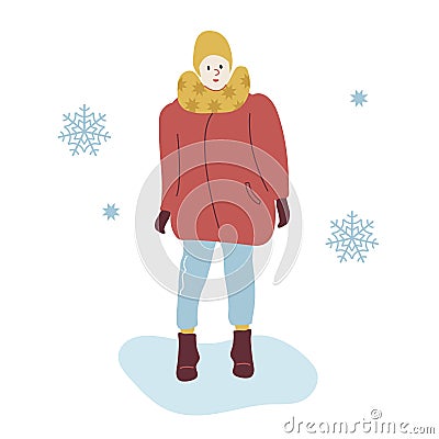 Woman on a Winter Walk in trendy outerwear. Girl in warm winter Clothes among snowflakes Walking on park. Vector Vector Illustration