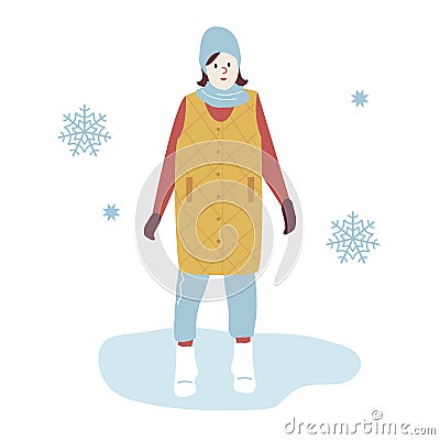 Woman on a Winter Walk in trendy outerwear. Girl in warm winter Clothes among snowflakes Walking on park. Vector Vector Illustration