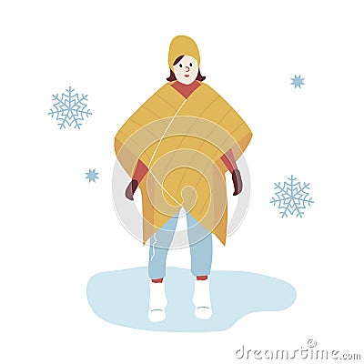 Woman on a Winter Walk in trendy outerwear. Girl in warm winter Clothes among snowflakes Walking on park. Vector Vector Illustration