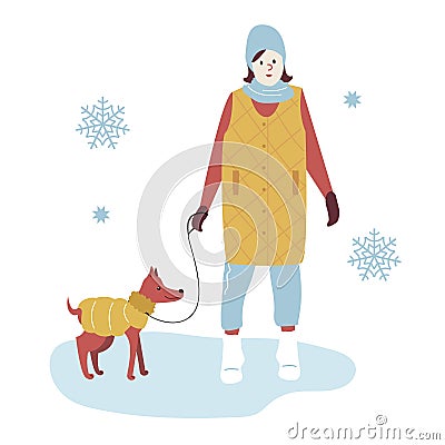 Woman on a Winter Walk in trendy outerwear Walking the Dog. Girl in warm winter Clothes among snowflakes on park Vector Illustration