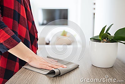Woman wipes off the dust using grey cloth Stock Photo