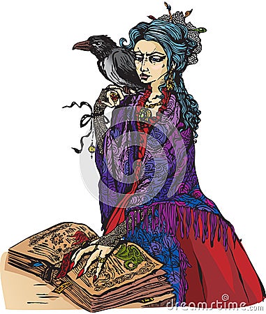 Woman witch with black raven Vector Illustration