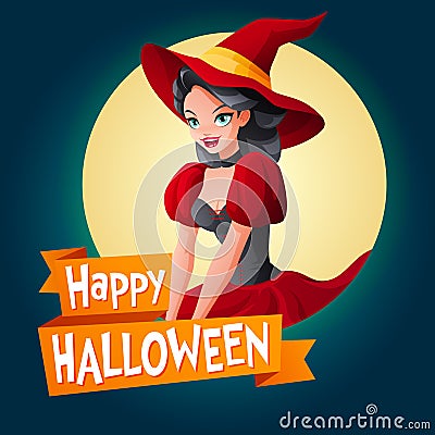 Woman in witch costume. Vector card with text. Vector Illustration