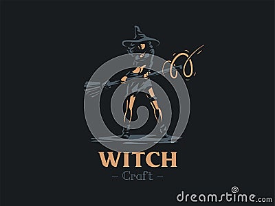 Woman witch with a magic broom. Vector Illustration