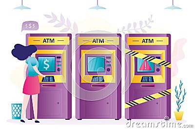 Woman withdrawals or deposits cash to credit card in terminal. Defective ATM covered with yellow warning tape Vector Illustration