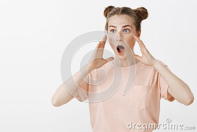 Woman witnessing crime shouting to ask help. Portrait of stunned nervous girlfriend in stylish outfit, holding palms Stock Photo