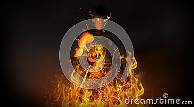 Woman wizard summoning fire Stock Photo