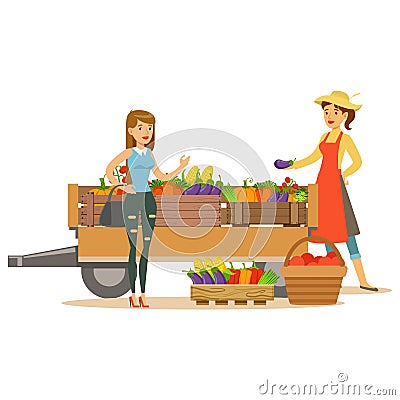 Woman With Wooden Cart With Vegetables And Client, Farmer Working At The Farm And Selling On Natural Organic Product Vector Illustration