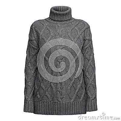 Woman wool knitted grey sweater front view isolated on white background Stock Photo