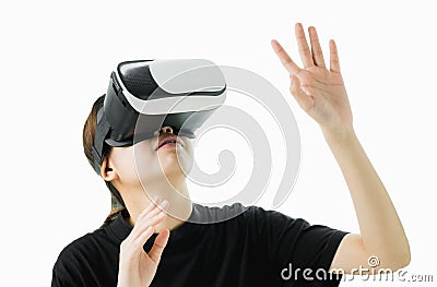 Woman wore a virtual reality headset that simulates, the reality and looked up. Stock Photo