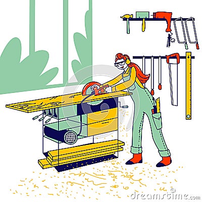 Woman Work in Carpentry Shop Concept. Girl Carpenter Character Wearing Overalls and Protective Glasses Working Vector Illustration