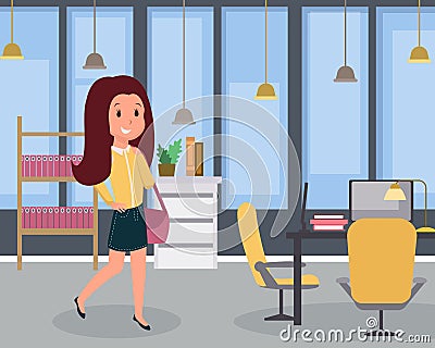 Woman at work flat vector illustration. Female smiling employee at office, cheerful young manager, secretary working day Vector Illustration
