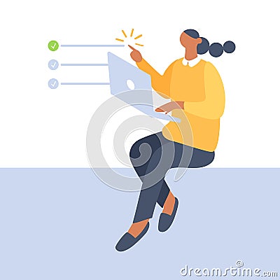 Woman work on laptop - concept of completing task from to-do list.Programmer on remote work, distance E-learning or online Cartoon Illustration