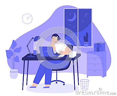 Woman work late at night. Tired female freelancer busy at computer overnight in home office with desk. Employee overtime Vector Illustration