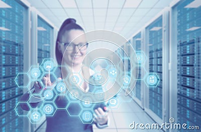 Woman work with virtual tuch panel Stock Photo