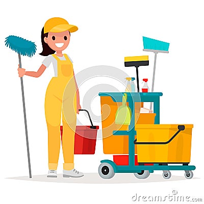 Woman worker of cleaning service is holding a mop and bucket. Cartoon Illustration