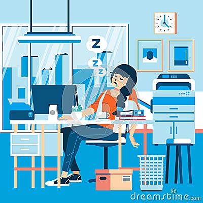 A woman worker overslept in the office because she was tired of working overtime vector illustration Vector Illustration