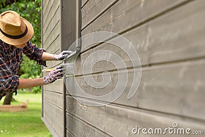 Woman worker painting wooden house exterior wall with paintbrush and wood protective color Stock Photo