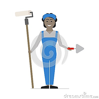 Woman worker Woman painter plasterer holds tools in hands. Vect Vector Illustration