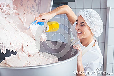 Woman working in butchery making minced meat Stock Photo
