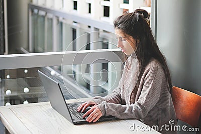 Woman working at cafe hands on keyboard laptop. Stock Photo