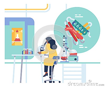 Woman working in chemical laboratory. Chemist looking in microscope Vector Illustration