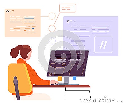 Woman working with code language. Algorithm coder character Vector Illustration