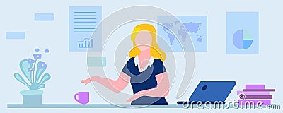 Woman working at a computer, books, schedule, board, workplace, vector Vector Illustration