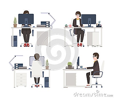 Woman working on computer. Female office worker, secretary or assistant sitting in chair at desk. Flat cartoon character Vector Illustration