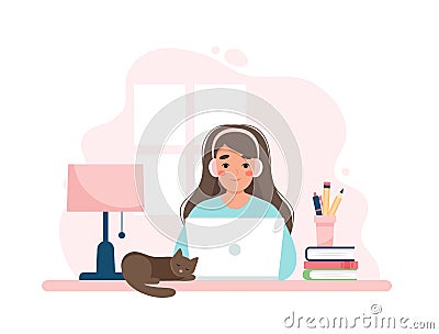 Woman working with computer, home office, student or freelancer. Customer service, call center and support. Cute concept Vector Illustration