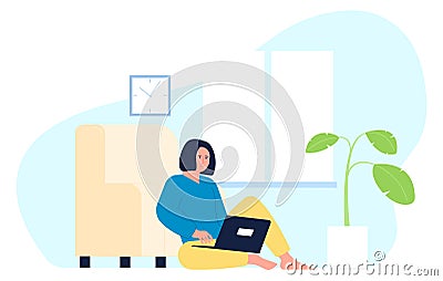 Woman working in cozy home interior. Remote worker Vector Illustration