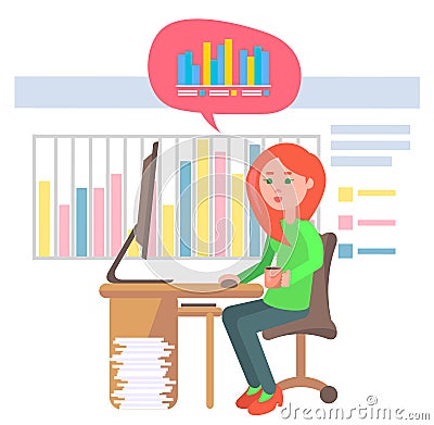 Woman Working on Data and Stats Analysis Vector Vector Illustration