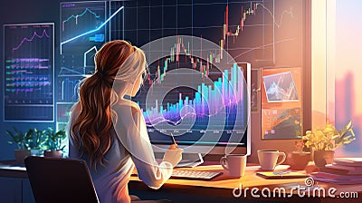 Woman working finance trade manager analyzing stock future market illustration Cartoon Illustration