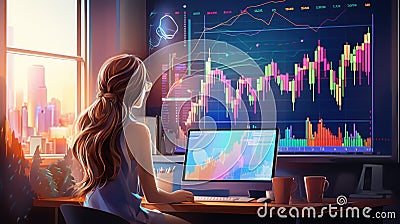 Woman working finance trade manager analyzing stock future market illustration Cartoon Illustration