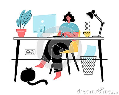 Woman working from home. Freelance, online education, social media concept. Vector Illustration