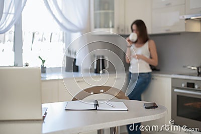 Woman working from home, freelance, remote work, isolated from society , modern lifestyle Stock Photo