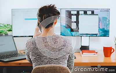 Woman working at home. Office worker on quarantine. Home working to avoid virus disease. Freelancer or remote worker concept Stock Photo