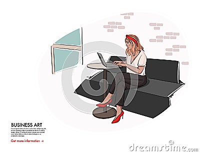 Woman working on laptop in cafe, freelancer student girl business computer working art. Vector lifestyle enterpneur illustration. Vector Illustration