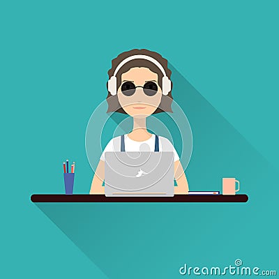 Woman working at a laptop with headphones sitting at her desk. Stock vector. Vector Illustration