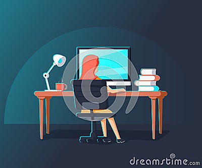 Woman working with laptop at her work desk, looking at monitor. Gradient vector illustration Vector Illustration