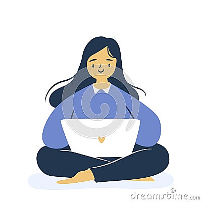 Woman working on laptop. Isolated sitting woman vector illustration. Vector Illustration