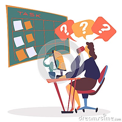 Woman Working on Laptop Looking at Tasks Schedule Vector Illustration