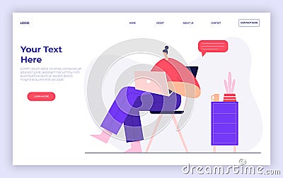 Woman working on a laptop, office workflow concept. Modern businessman character, social networks, marketing. Landing page Vector Illustration