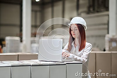 Woman working on laptop standing near stacked cargo Stock Photo